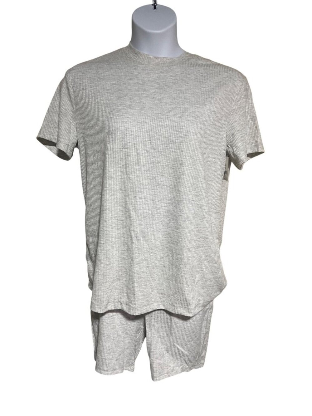 Womens LOFT Grey Ribbed Top & Bike Shorts Lounge Set M Stretch Soft Cozy
